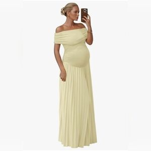 Maternity Off Shoulder Gown for Baby Maxi Photography Dress Pale Yellow Size S-M